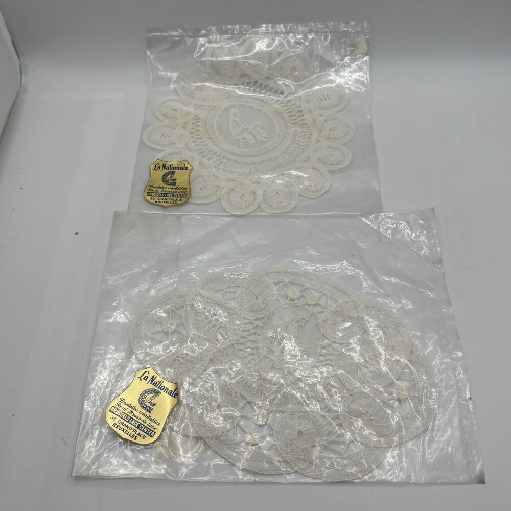 2 Lot Vintage La Nationale Brussels Lace Doily Medallion Brussels Lace Center